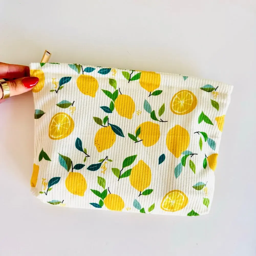 NEW ANTHROPOLOGIE Cream Yellow Green Cord Lemon Fruit $68 Clutch Cosmetic Bag